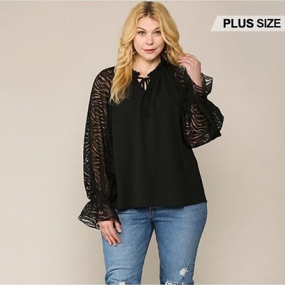 Plus size zebra burnout‎ sleeve ruffled neck bubble crepe blouse - Picture 1 of 5